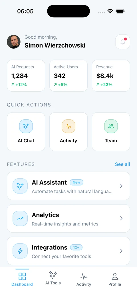 Main app dashboard inside a tab navigator