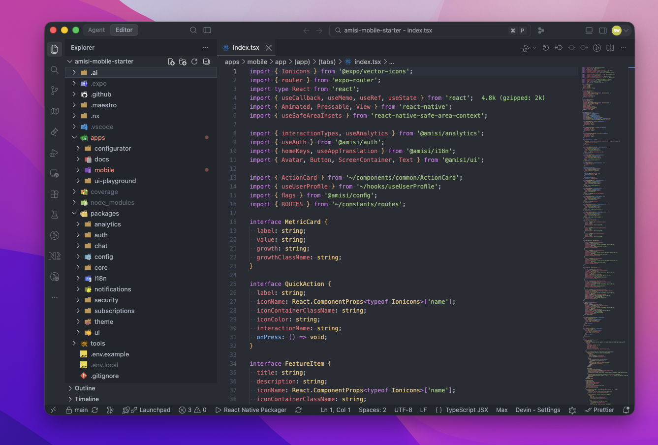 AMiSi Mobile Starter monorepo architecture open in Visual Studio Code