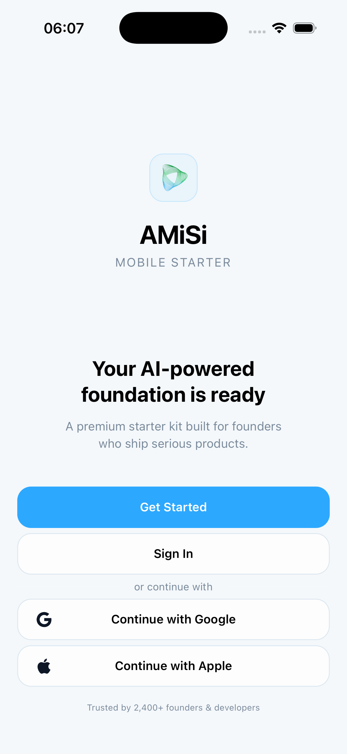 AMiSi welcome screen with Google and Apple sign-in options
